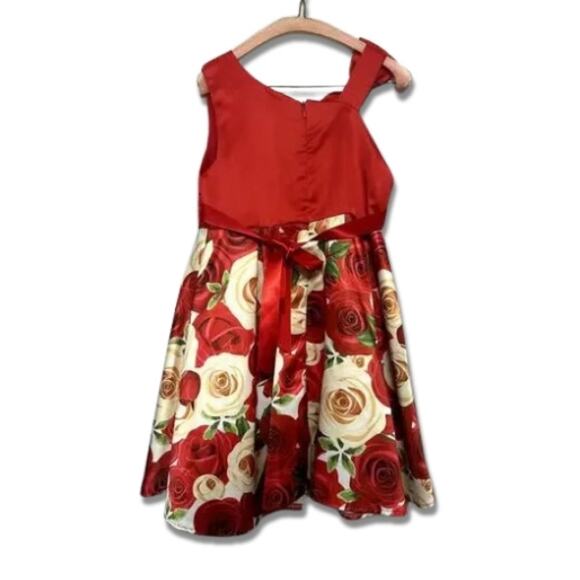 NSSMWTTC Satin Dress Floral Pattern Back Zip Closure Bow Accent Red Girl's AU7 - Picture 4 of 6